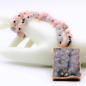 Druzy pendant long knotted pink necklace